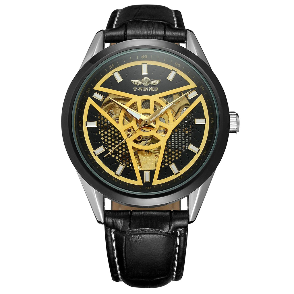 T-WINNER Skeleton Automatic Mechanical Watch for Men – Leather Strap Vintage Timepiece