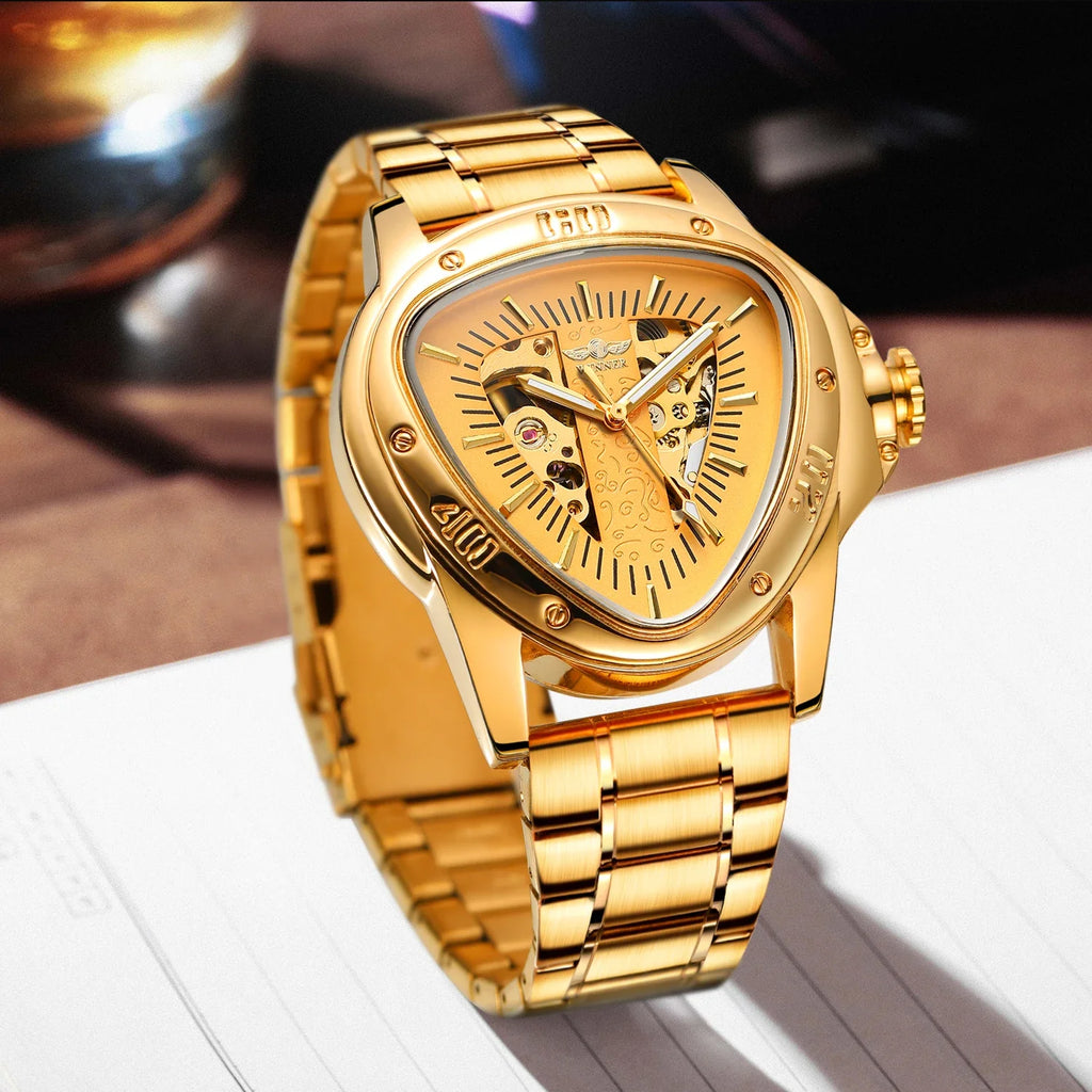 T-Winner Men’s Mechanical Triangle Watch – Luminous Stainless Steel Wristwatch