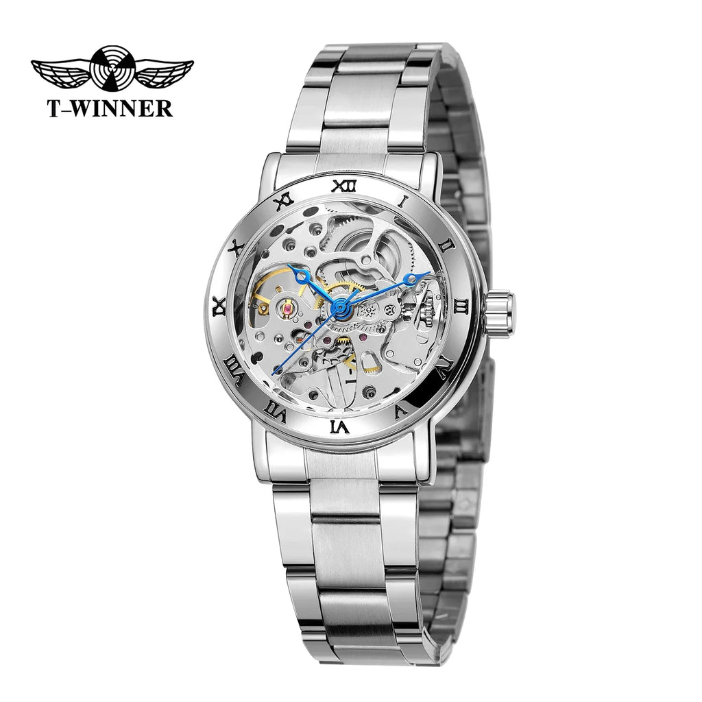 T-Winner Women’s Skeleton Mechanical Watch – Stainless Steel, Luminous Analog Timepiece
