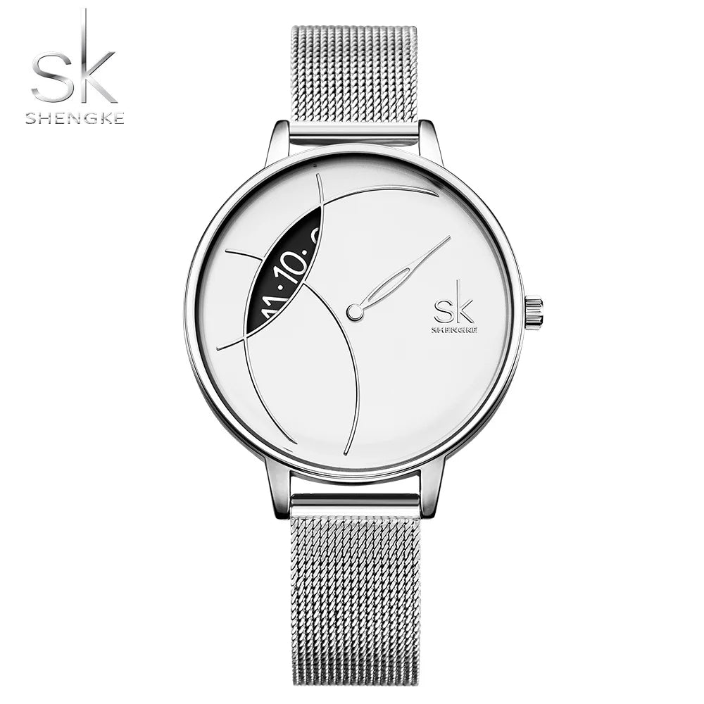 SK Women’s Quartz Watch – Stylish Stainless Steel Mesh & Leather Casual Timepiece