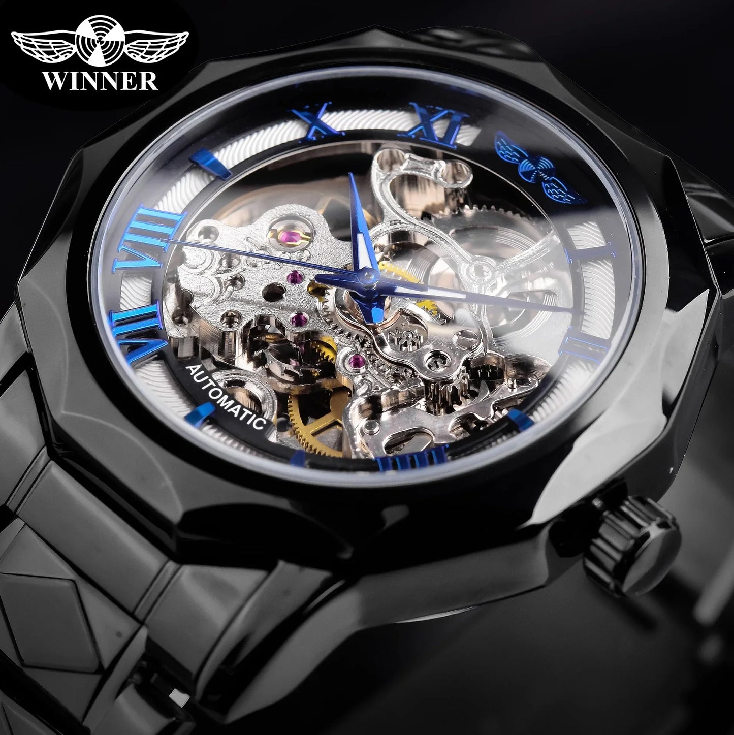 T-Winner Men’s Mechanical Watch – Luxury Hollow Polygonal Dial Stainless Steel Band