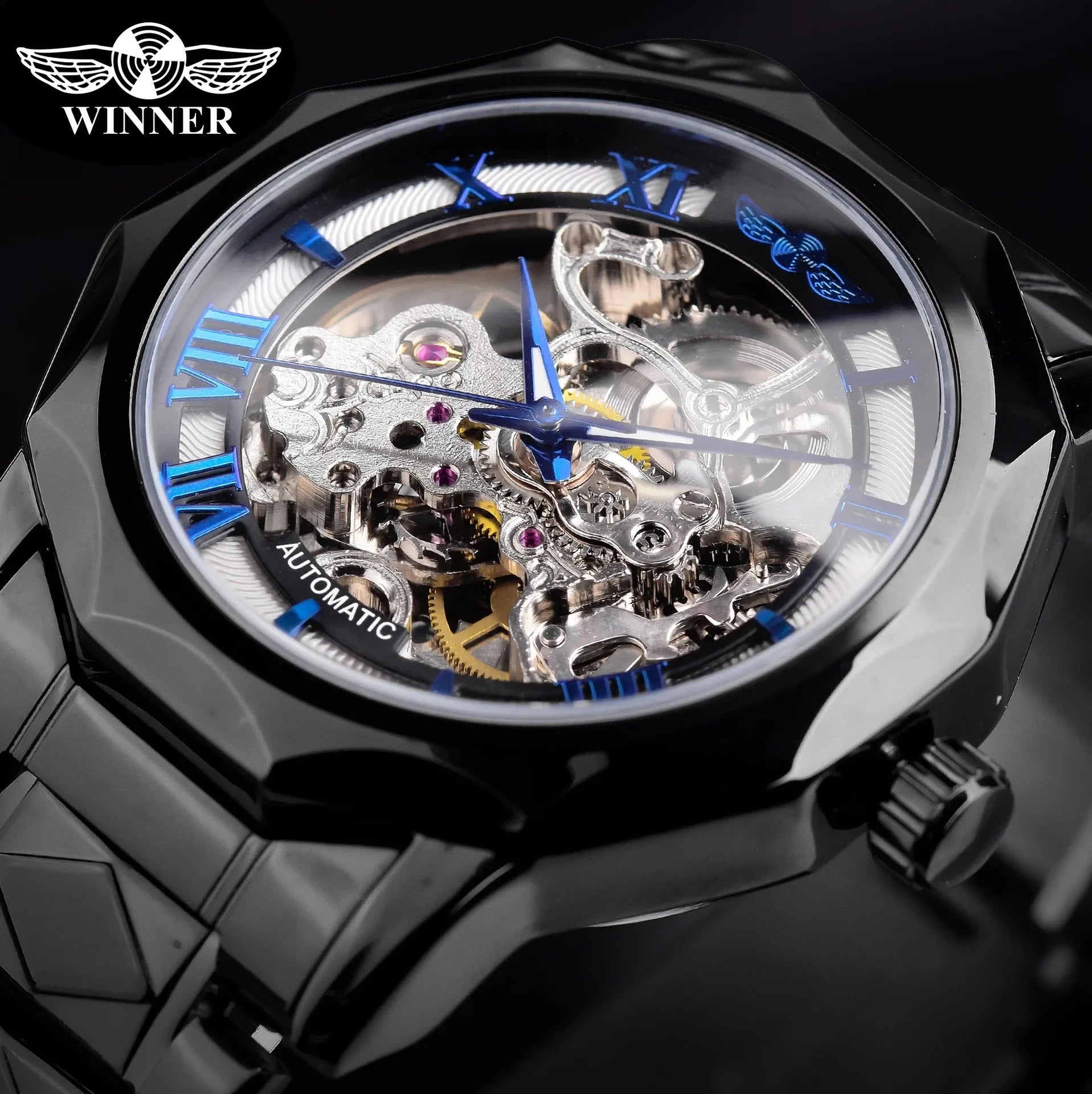 T-Winner Men’s Mechanical Watch – Luxury Hollow Polygonal Dial Stainless Steel Band