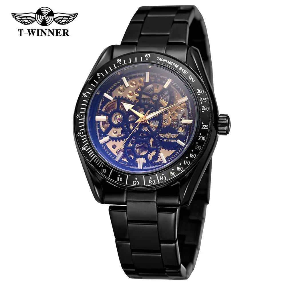 T-Winner Men’s Automatic Mechanical Watch – Stainless Steel Skeleton Wristwatch