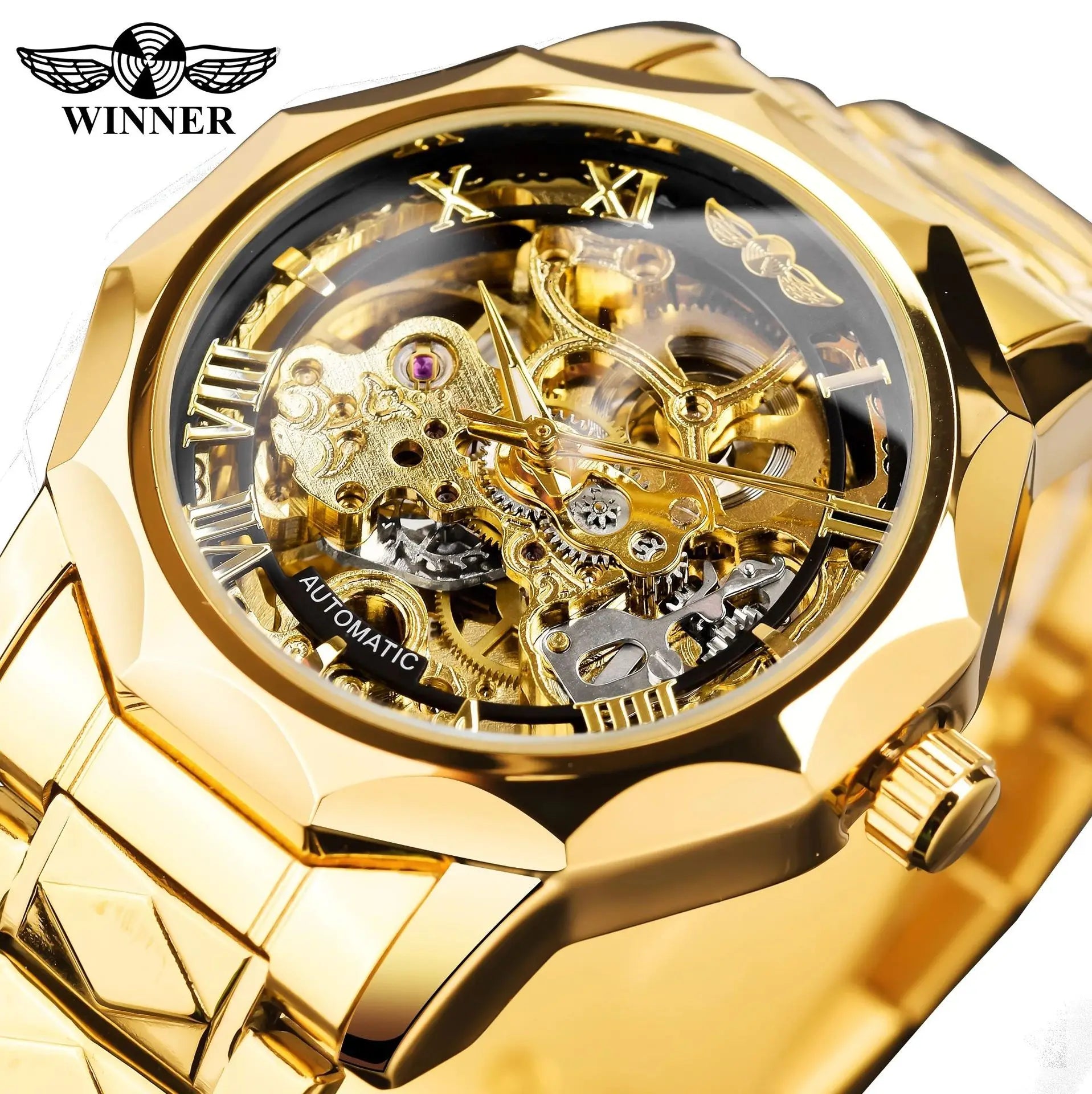 T-Winner Men’s Mechanical Watch – Luxury Hollow Polygonal Dial Stainless Steel Band
