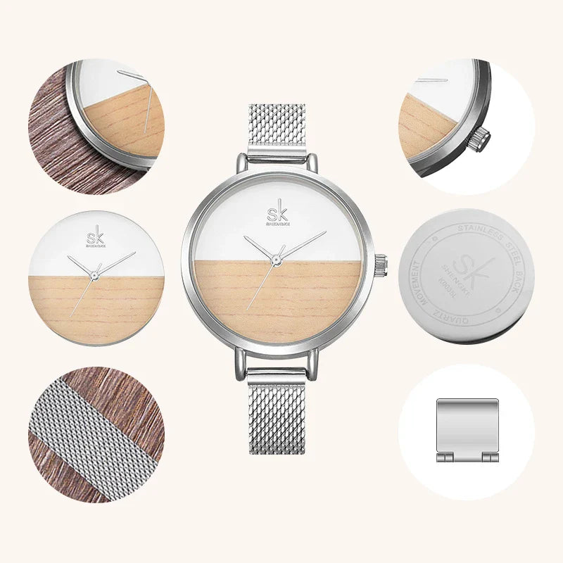 SK Women’s Wooden Quartz Watch – Ultra-Thin Analog Luxury Wristwatch, Fashionable