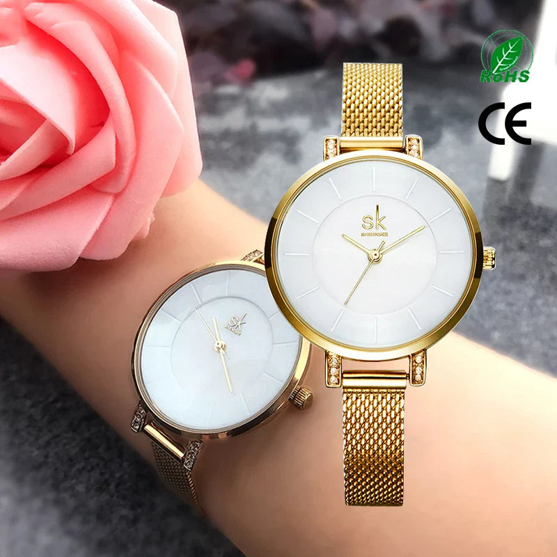 SK Minimalist Women’s Gold Watch – Ultra-Thin Analog Quartz Wristwatch