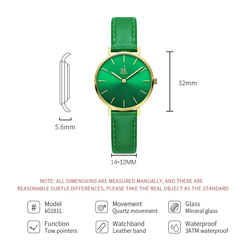 SK Women’s Quartz Watch – Cute Shell Dial, Leather Strap, 32MM Waterproof Wristwatch