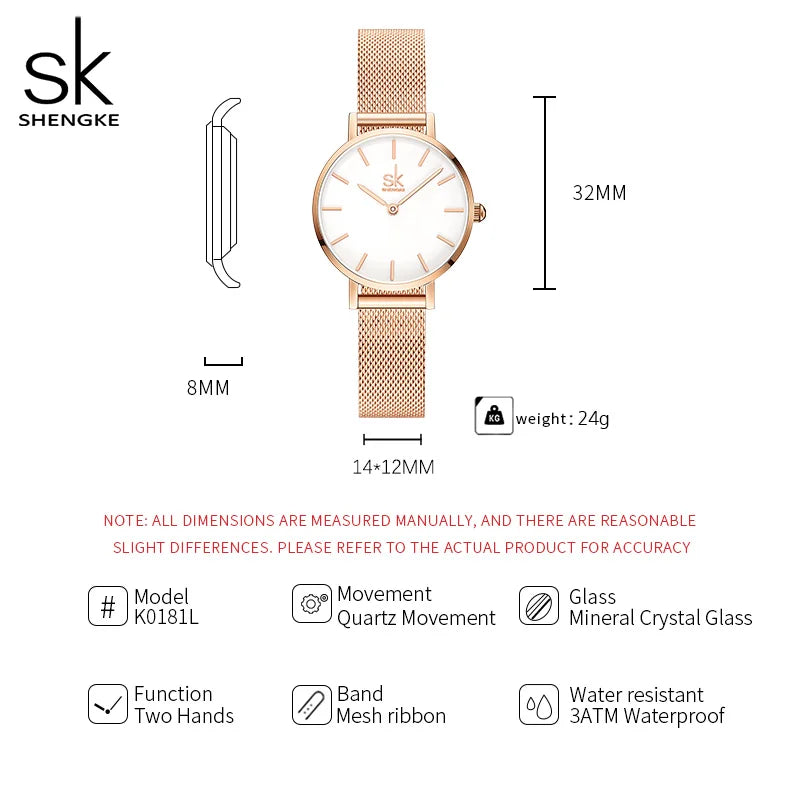 SK Women’s Luxury Quartz Watch – Mesh Strap, 32MM Waterproof Elegant Wristwatch