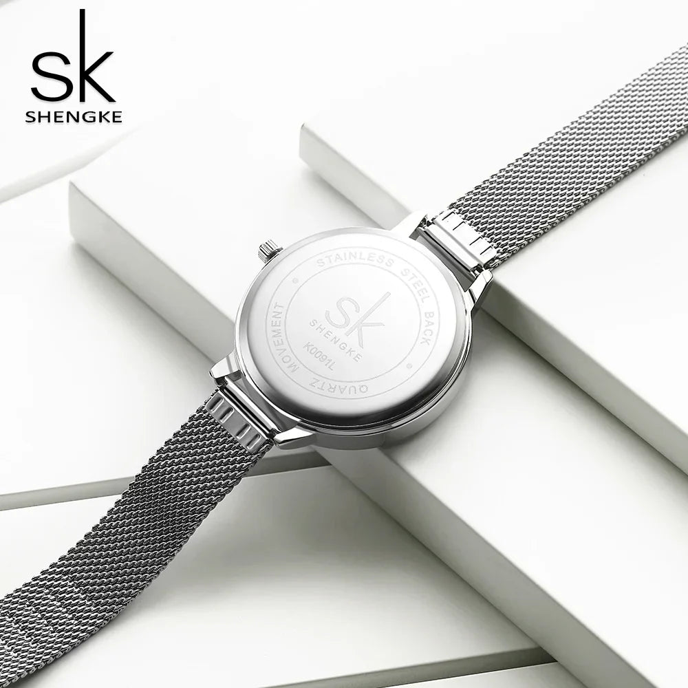 SK Women’s Quartz Watch – Stylish Stainless Steel Mesh & Leather Casual Timepiece
