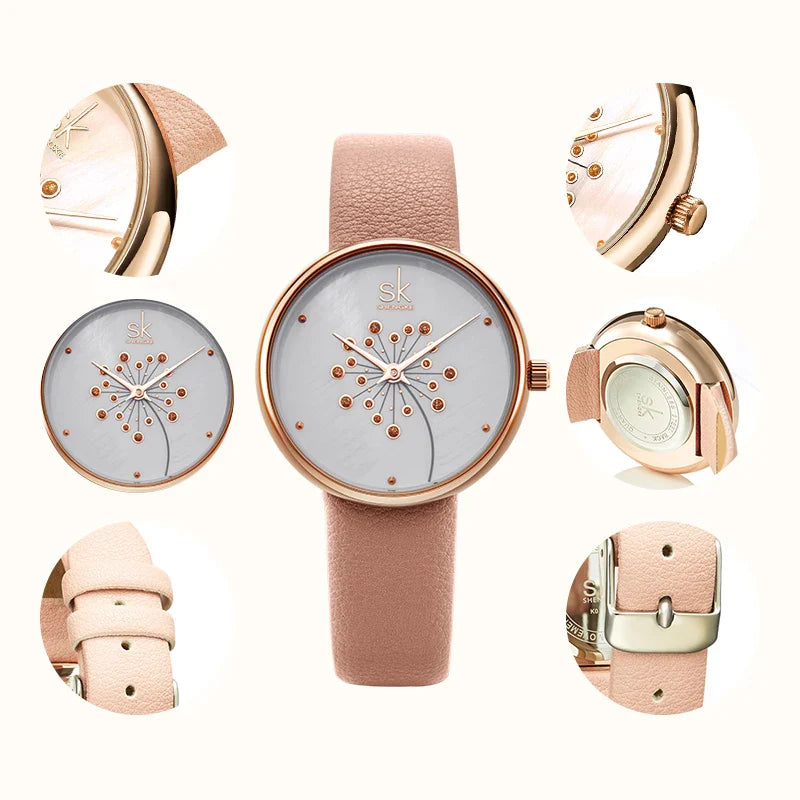 SK Floral Women’s Watch with Leather Strap – Trendy 3ATM Waterproof Timepiece