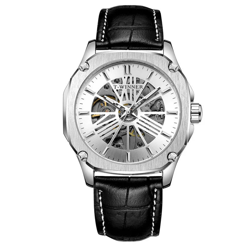 T-Winner Men’s Automatic Mechanical Watch – Leather Strap Hollow Flywheel Design