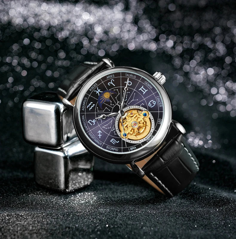T-Winner Men’s Moon Phase Automatic Watch – Leather Strap Mechanical Dive Wristwatch