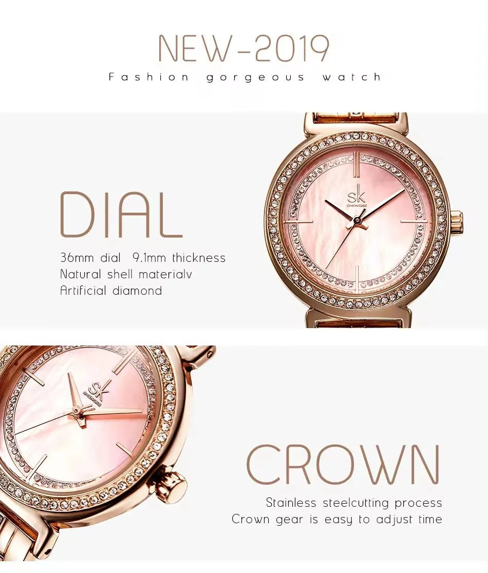 SK Women’s Quartz Watch – Luxury Golden Stainless Steel Strap Analog Timepiece