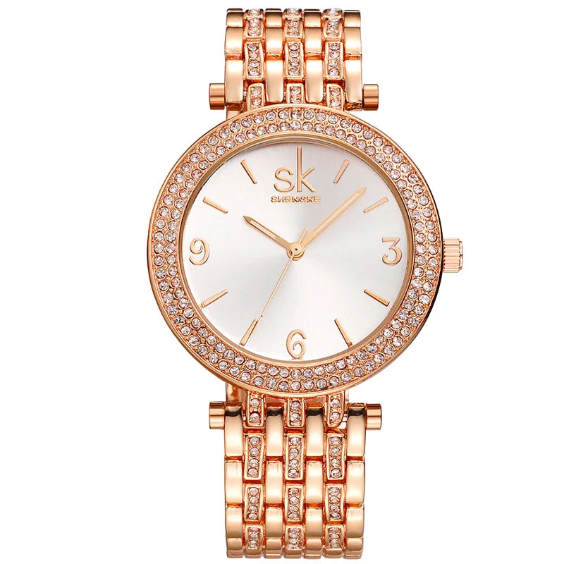 SK Women’s Luxury Diamond Quartz Watch – Iced Out Alloy Waterproof Timepiece
