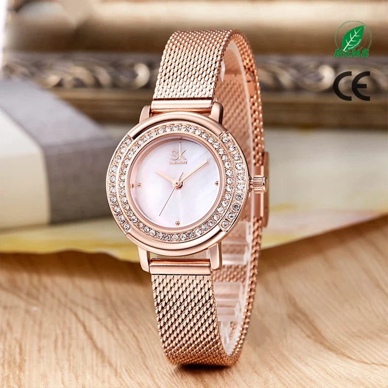 SK Elegant Women’s Quartz Watch – Luxury Waterproof Wristwatch with Steel Mesh Band