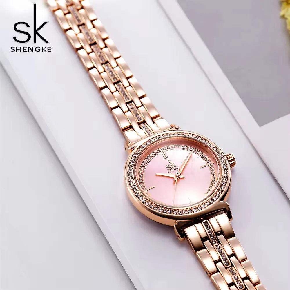SK Women’s Quartz Watch – Luxury Golden Stainless Steel Strap Analog Timepiece