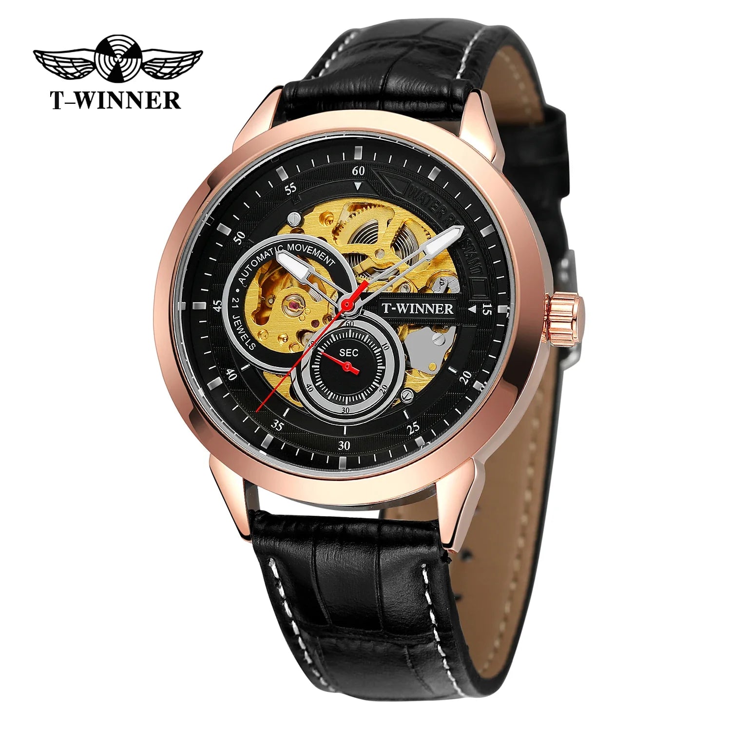 T-WINNER Skeleton Automatic Mechanical Watch for Men – Leather Strap Luxury Timepiece