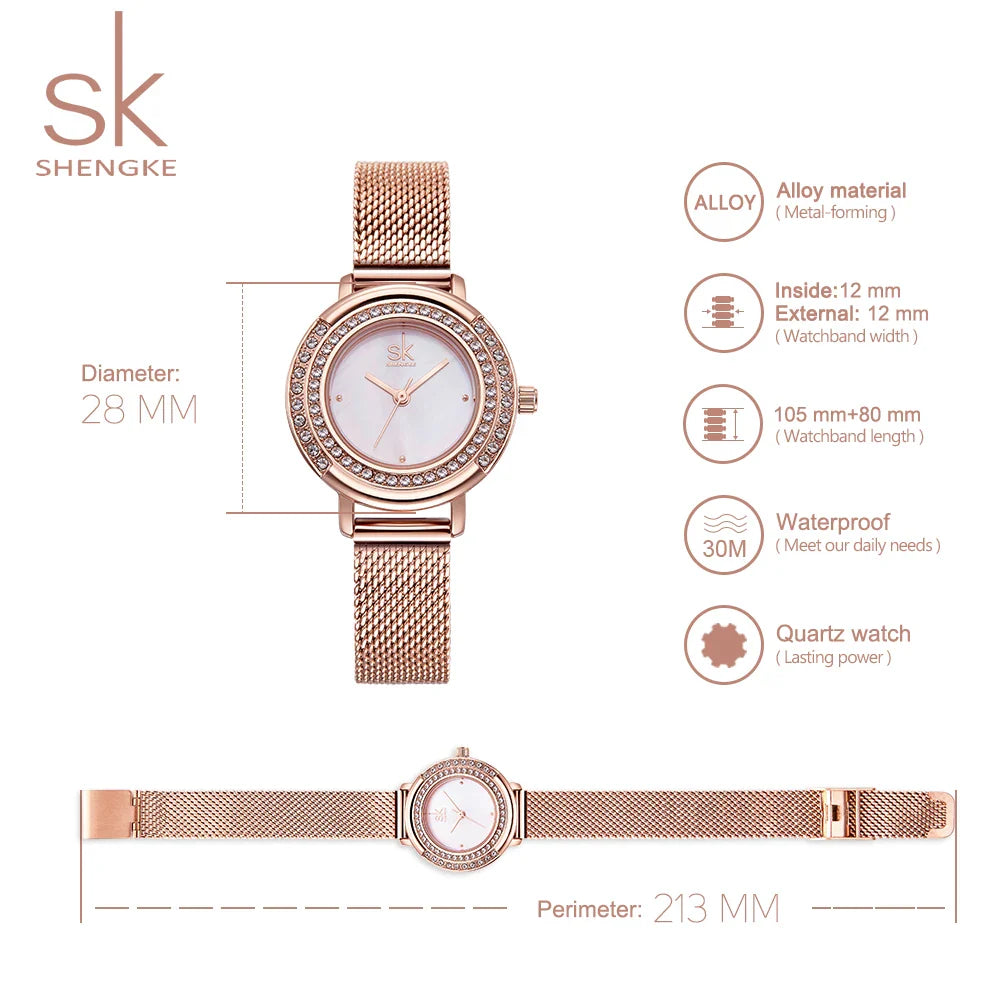 SK Elegant Women’s Quartz Watch – Luxury Waterproof Wristwatch with Steel Mesh Band