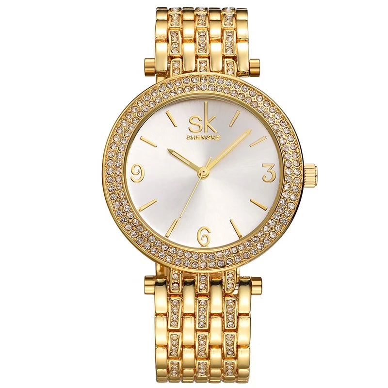 SK Women’s Luxury Diamond Quartz Watch – Iced Out Alloy Waterproof Timepiece
