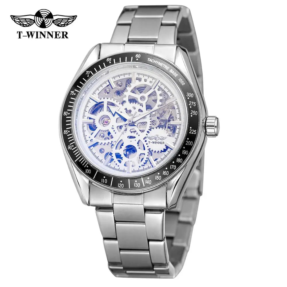 T-Winner Men’s Automatic Mechanical Watch – Stainless Steel Skeleton Wristwatch