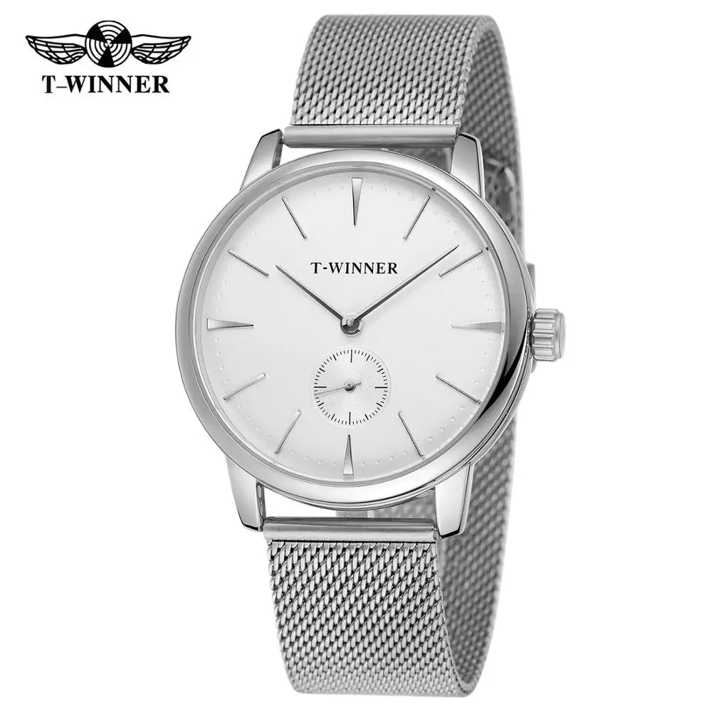 T-Winner Men's Mechanical Watch – Stainless Steel Mesh Strap Automatic Timepiece