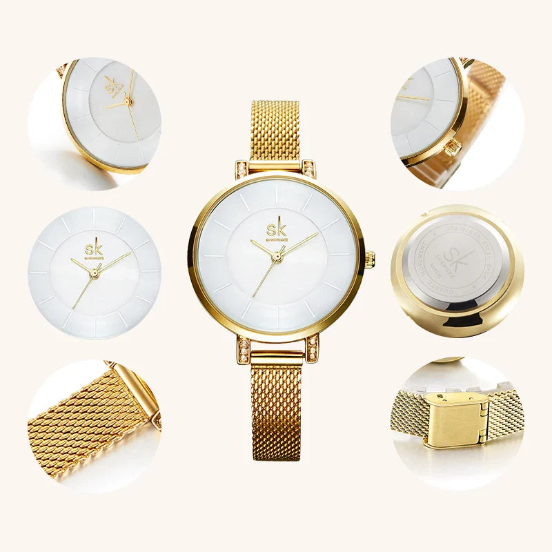 SK Minimalist Women’s Gold Watch – Ultra-Thin Analog Quartz Wristwatch
