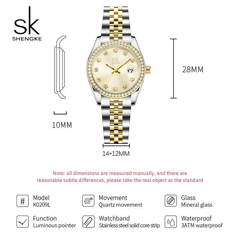 SK Women’s Crystal Quartz Watch – Stainless Steel Band, 3BAR Water-Resistant