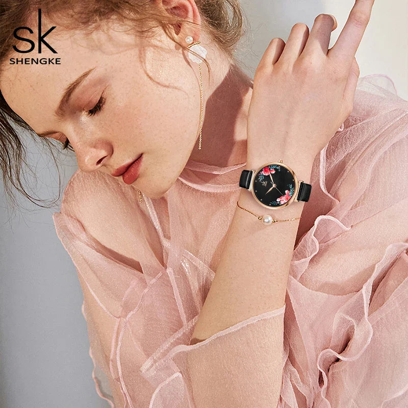 SK Women’s Classic Quartz Watch – Floral Thin Band, Elegant Round Dial Wristwatch