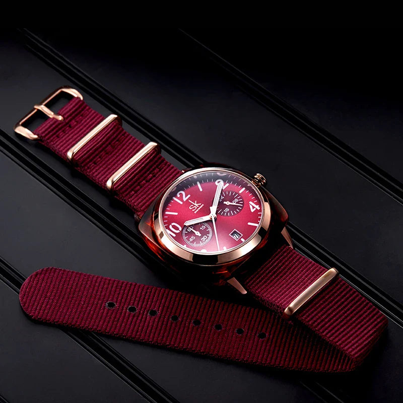 SK Women’s Quartz Watch – Waterproof Nylon Strap 40mm Analog Timepiece