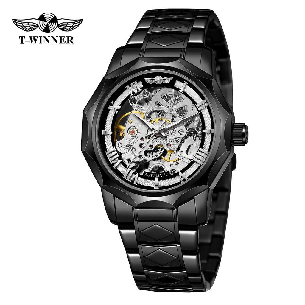 T-Winner Men’s Mechanical Watch – Luxury Hollow Polygonal Dial Stainless Steel Band