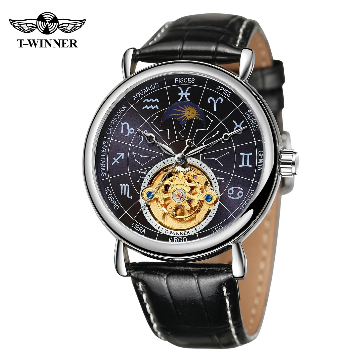 T-Winner Men’s Moon Phase Automatic Watch – Leather Strap Mechanical Dive Wristwatch