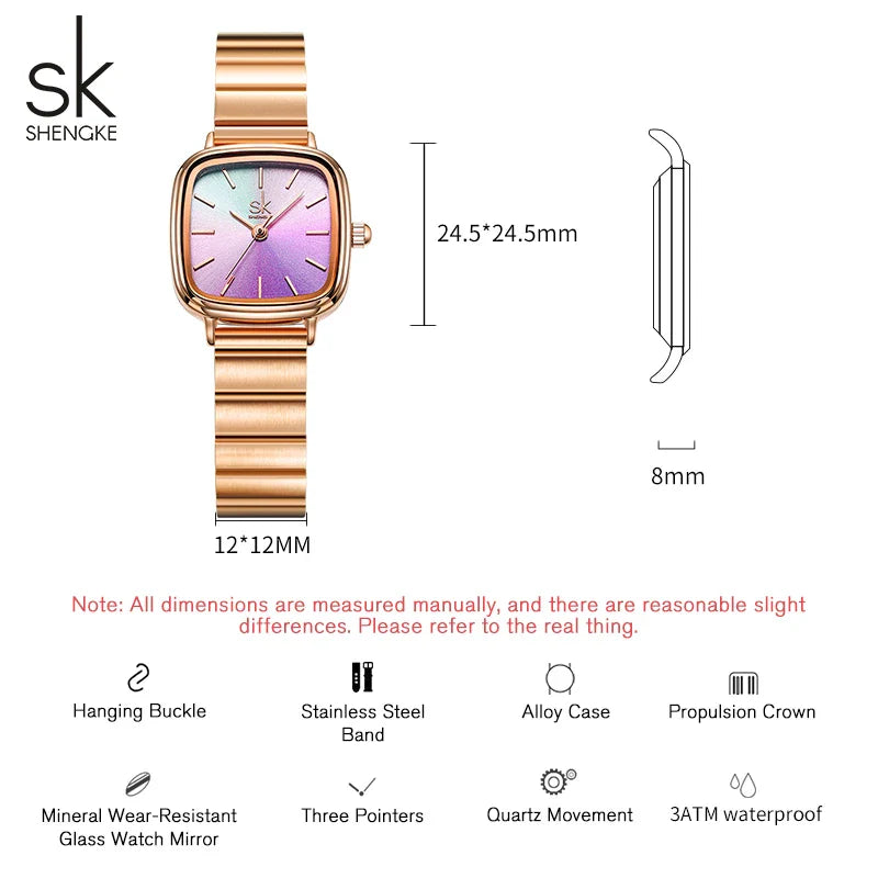 SK Women’s Minimalist Quartz Watch – Square Dial, Stainless Steel Strap, 3ATM Waterproof