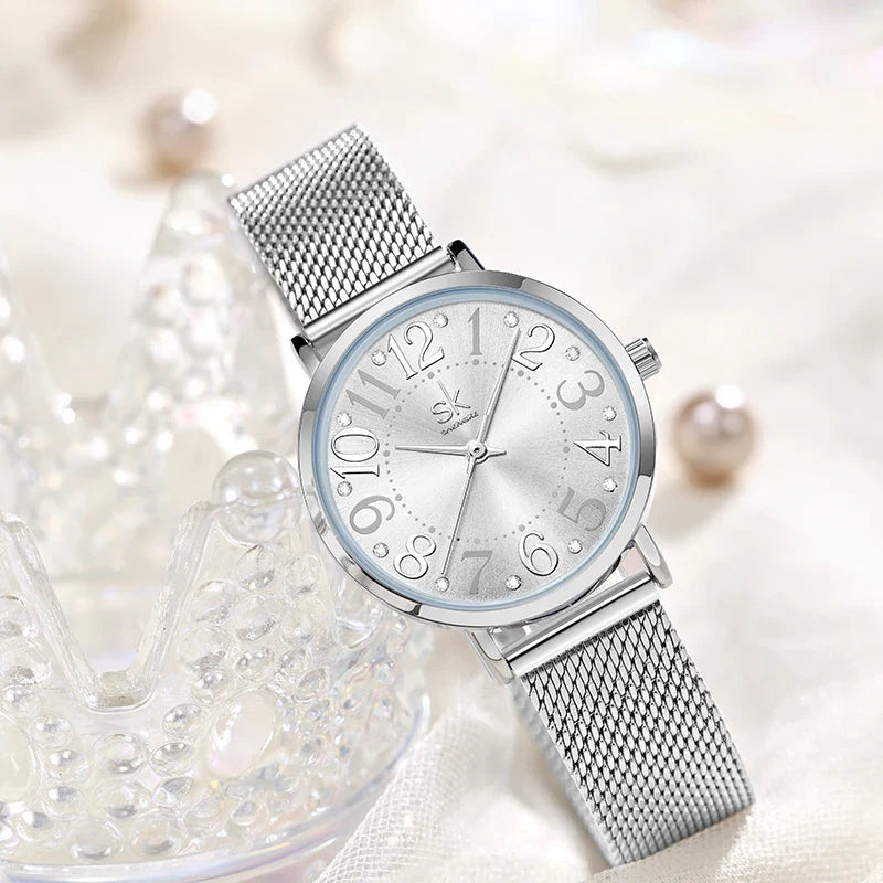 SK Women’s Quartz Watch – Stainless Steel Mesh Band, Waterproof Fashion Analog