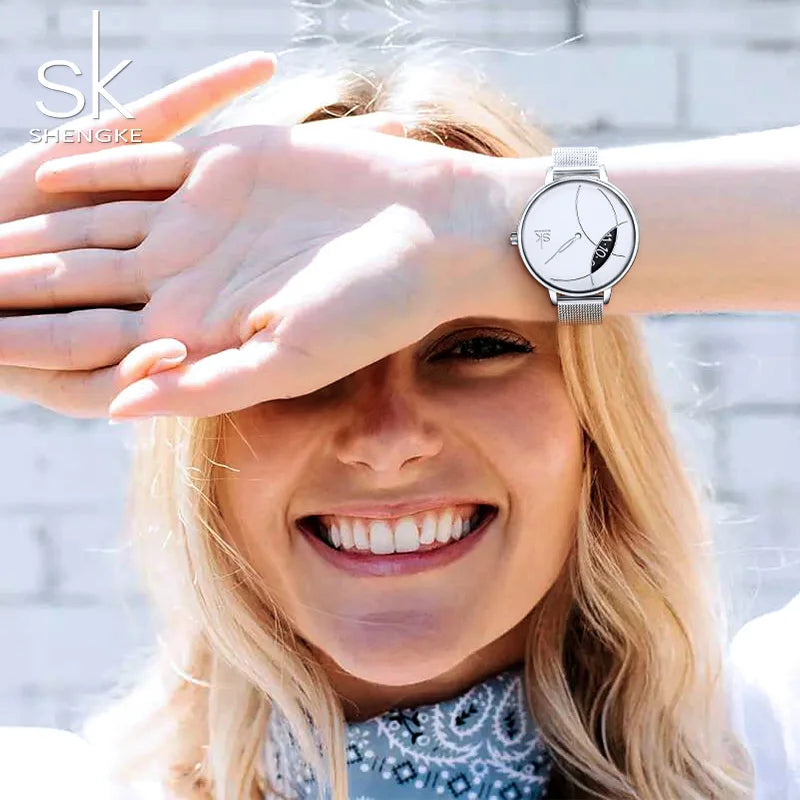 SK Women’s Quartz Watch – Stylish Stainless Steel Mesh & Leather Casual Timepiece