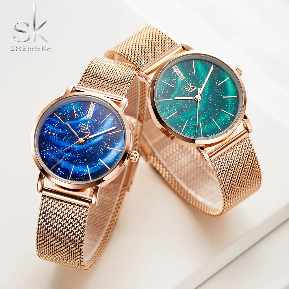SK Women’s Quartz Watch – Starry Sky Dial, Waterproof Minimalist Lady Wristwatch