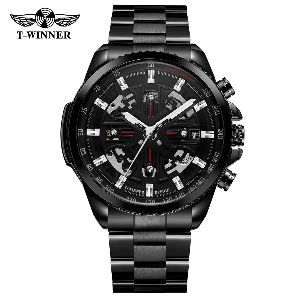 T-Winner Men’s Automatic Tachymeter Watch – Luminous Hollow Dial, Stainless Steel