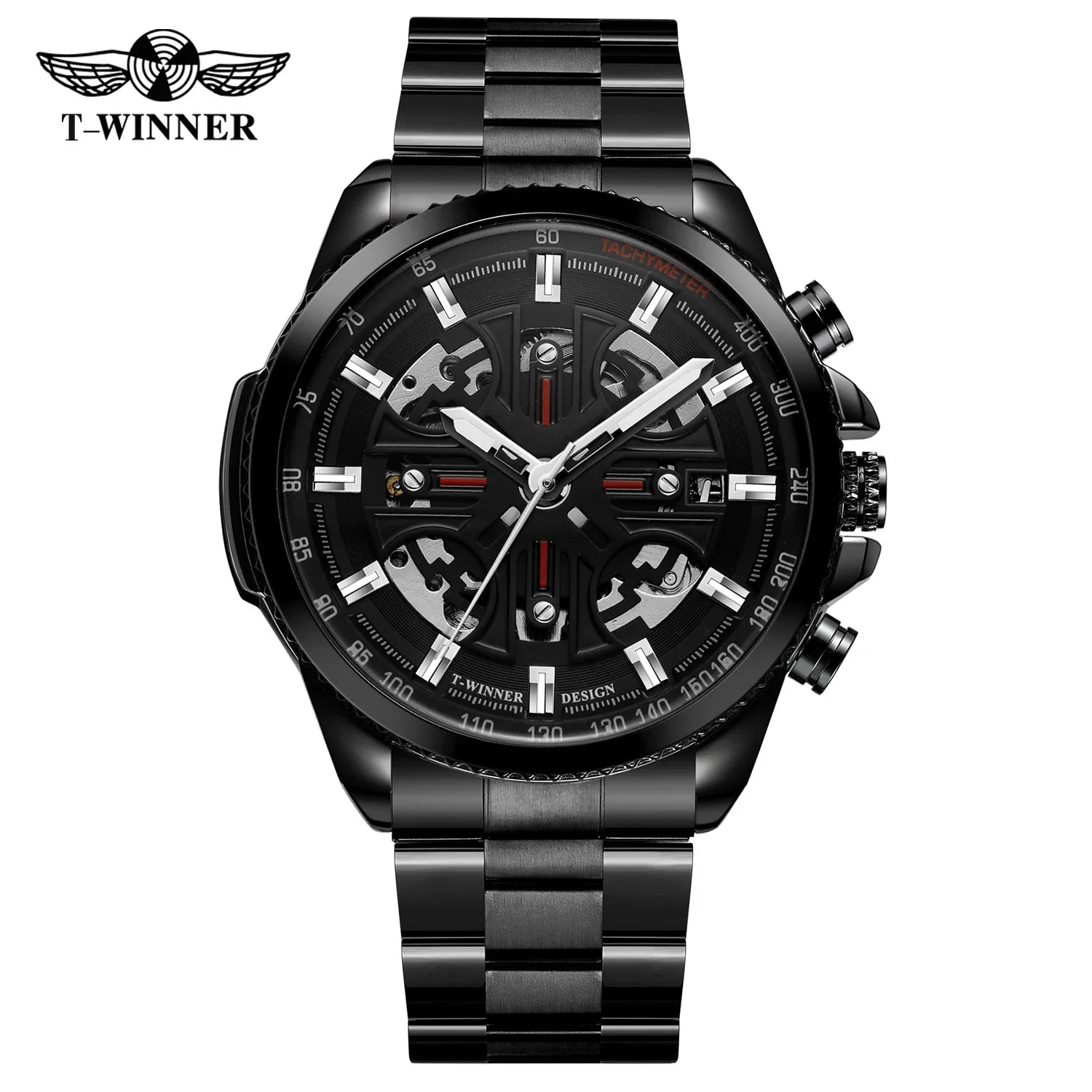 T-Winner Men’s Automatic Tachymeter Watch – Luminous Hollow Dial, Stainless Steel