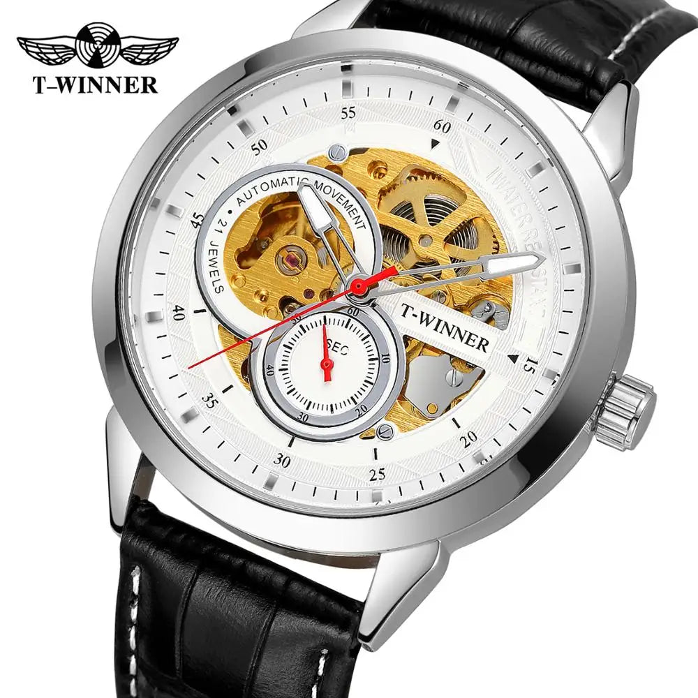T-WINNER Skeleton Automatic Mechanical Watch for Men – Leather Strap Luxury Timepiece