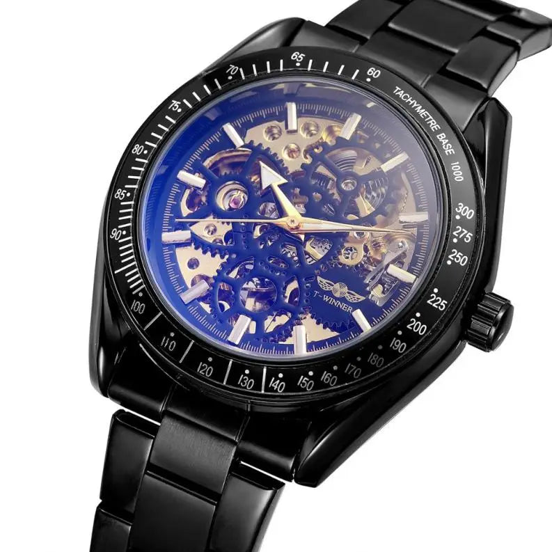T-Winner Men’s Automatic Mechanical Watch – Stainless Steel Skeleton Wristwatch