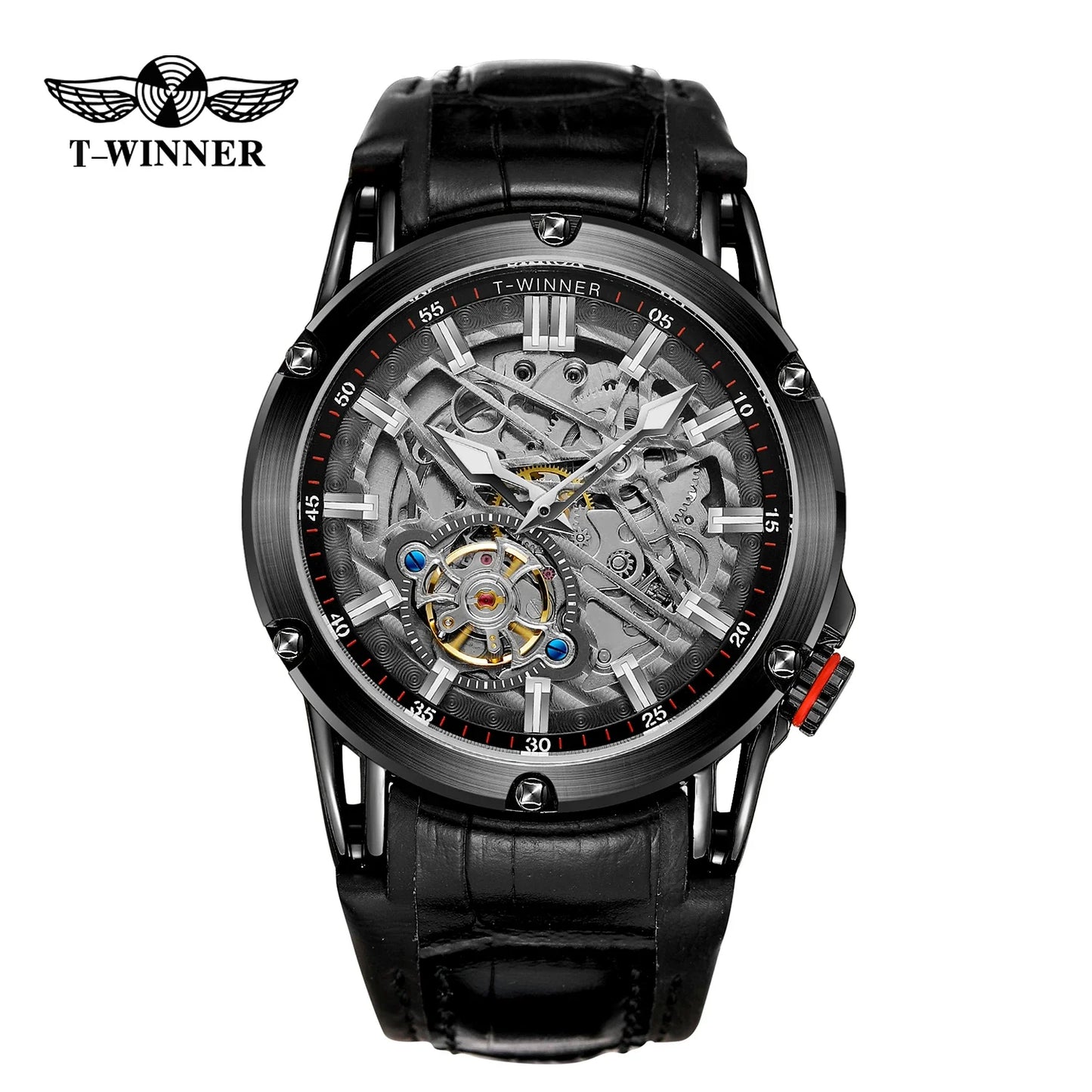 T-Winner Men’s Automatic Mechanical Watch – Elegant Leather Strap, Luminous Skeleton Dial