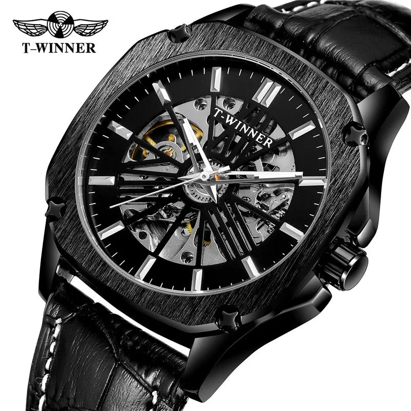 T-Winner Men’s Automatic Mechanical Watch – Leather Strap Hollow Flywheel Design