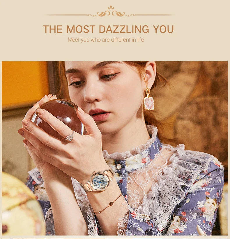 T-Winner Women’s Skeleton Mechanical Watch – Stainless Steel, Luminous Analog Timepiece