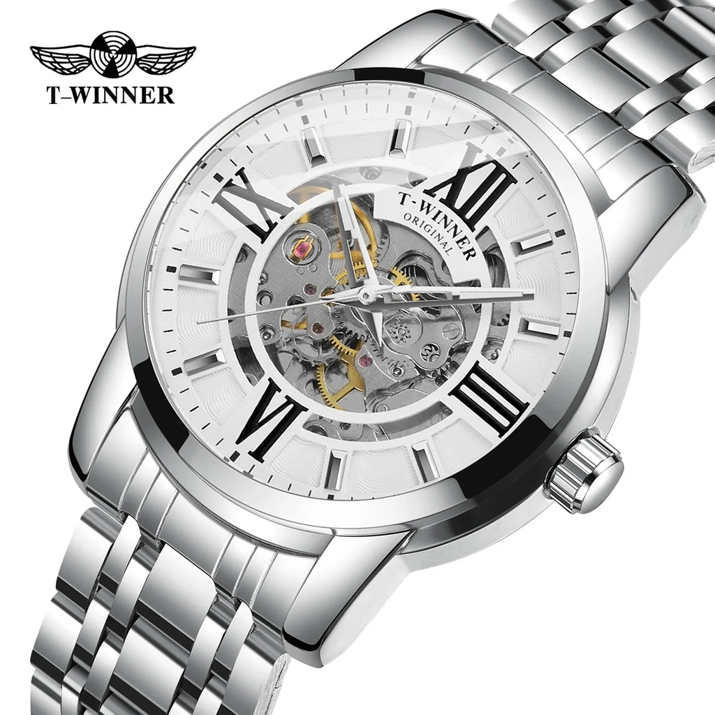 T-Winner Men’s Automatic Mechanical Skeleton Watch – Roman Numeral Stainless Steel