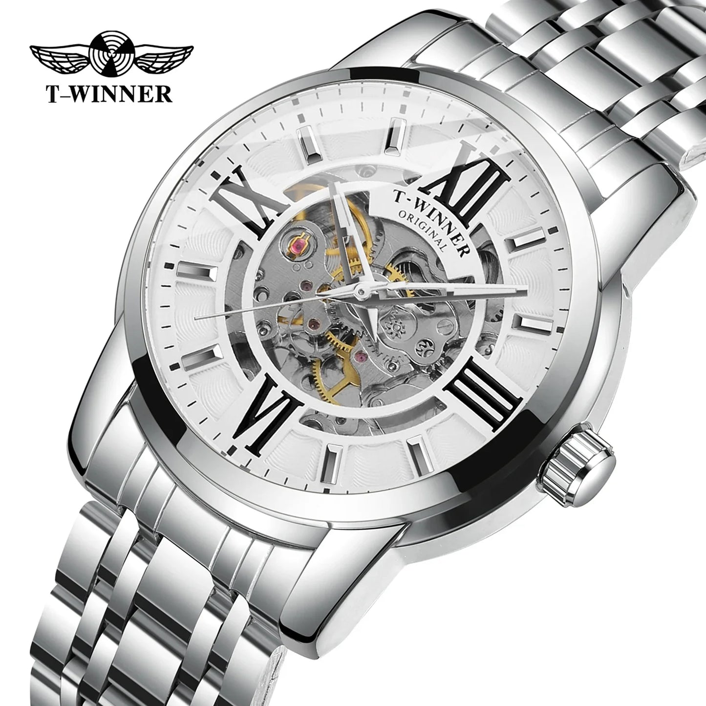 T-Winner Men’s Automatic Mechanical Skeleton Watch – Roman Numeral Stainless Steel
