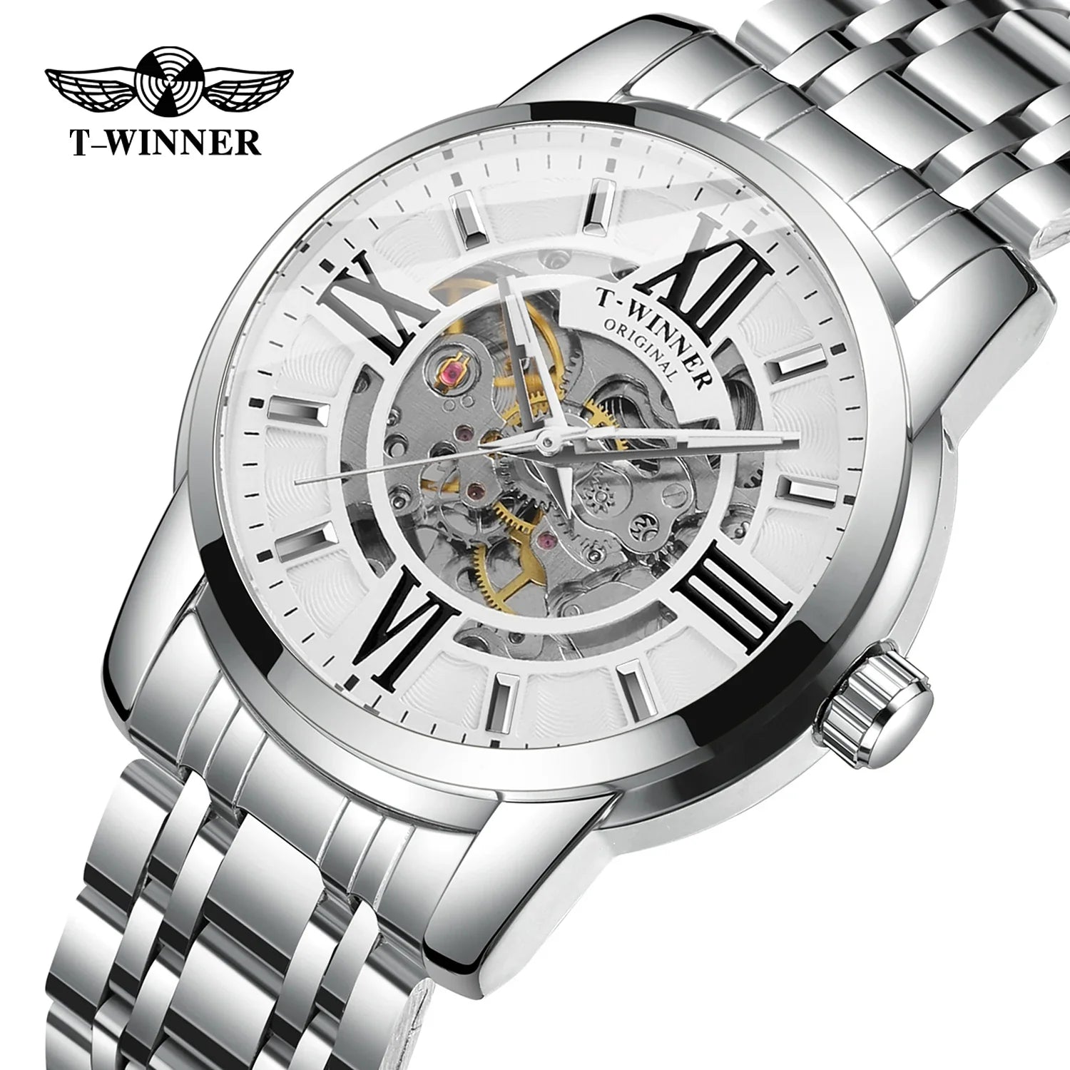 T-Winner Men’s Automatic Mechanical Skeleton Watch – Roman Numeral Stainless Steel
