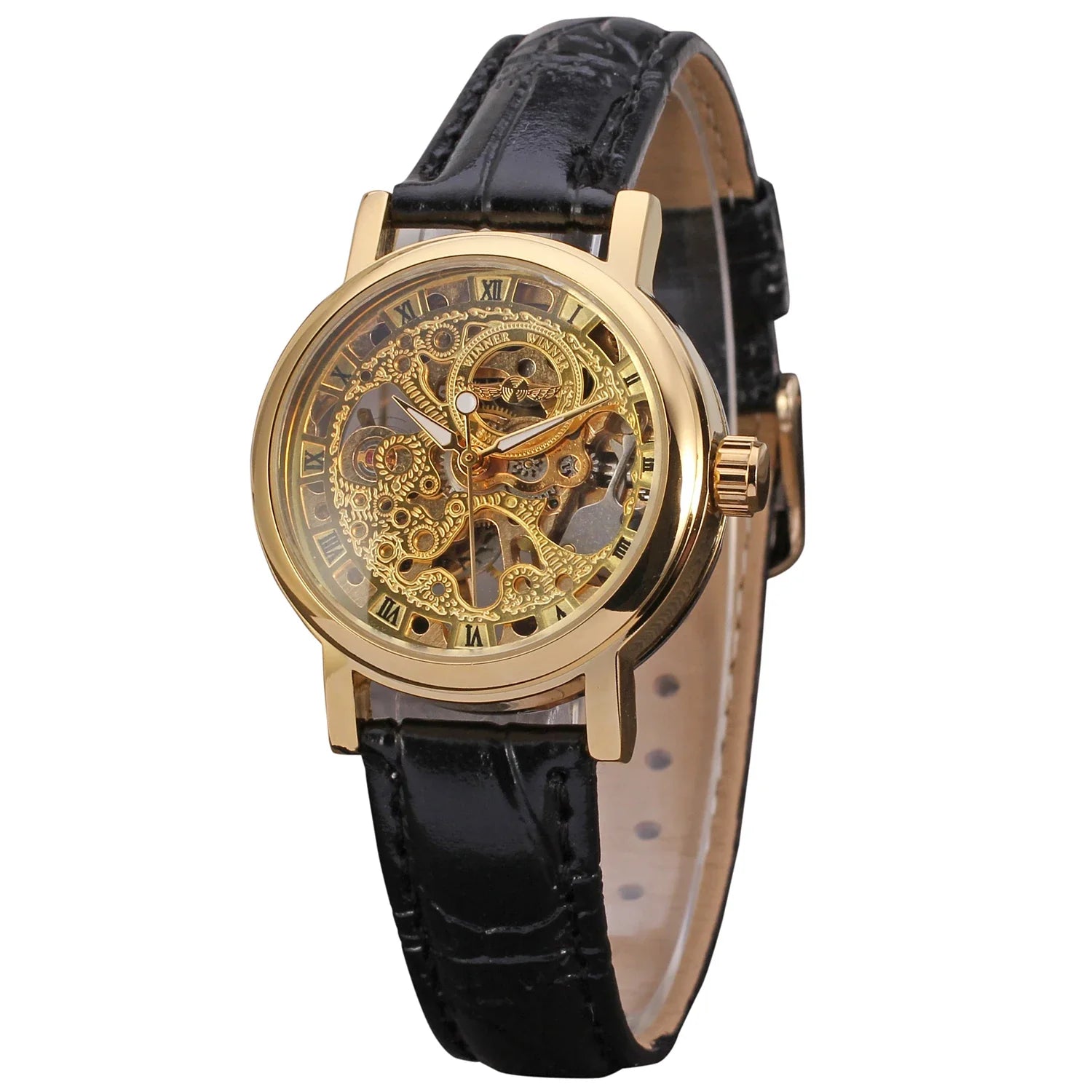 T-Winner Women's Skeleton Watch – Minimalist Leather Strap, Mechanical Timepiece