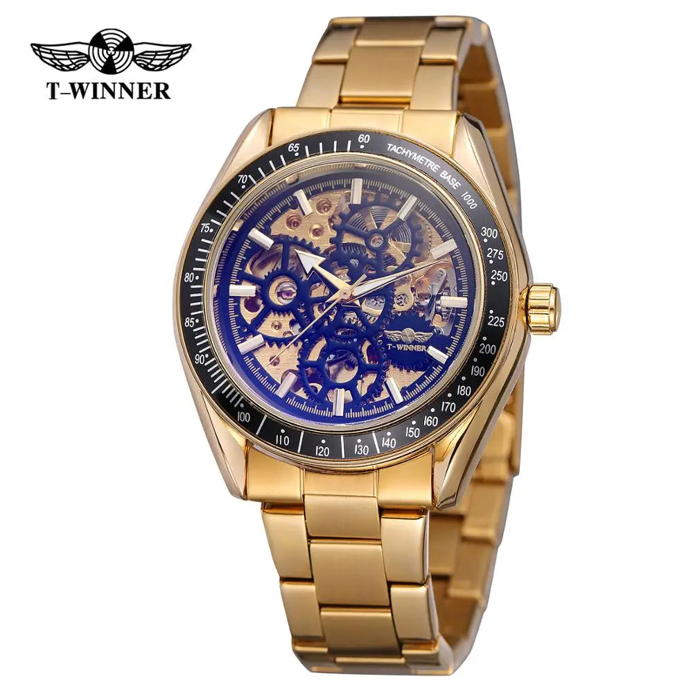 T-Winner Men’s Automatic Mechanical Watch – Stainless Steel Skeleton Wristwatch