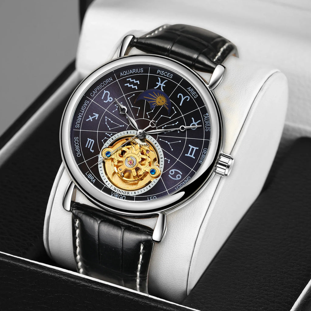 T-Winner Men’s Moon Phase Automatic Watch – Leather Strap Mechanical Dive Wristwatch