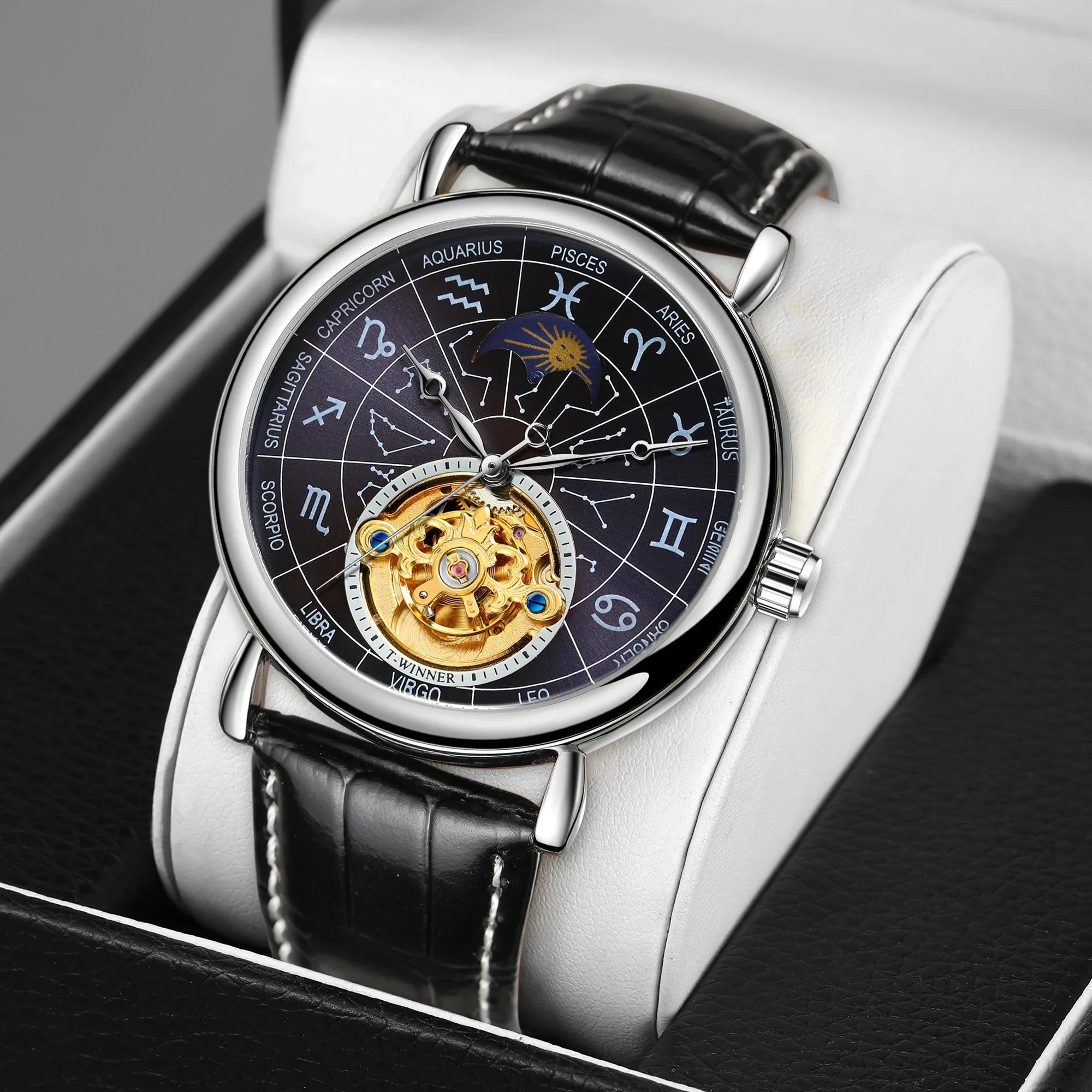 T-Winner Men’s Moon Phase Automatic Watch – Leather Strap Mechanical Dive Wristwatch