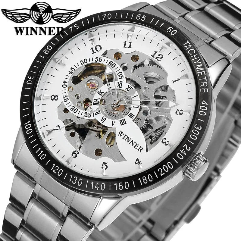 T-Winner Men’s Silver Skeleton Watch – Automatic Mechanical Sports Timepiece